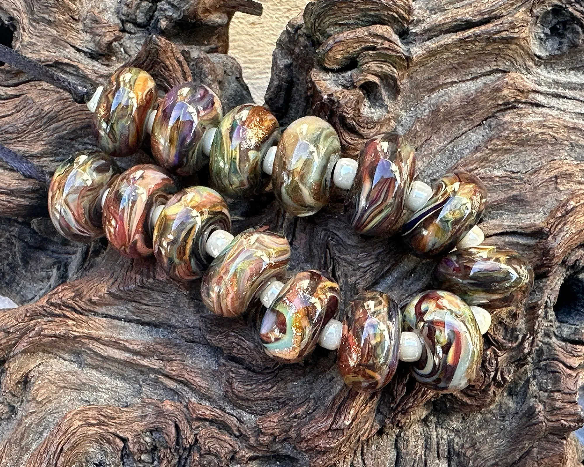 14 Multicolor Brown Swirl Lampwork Beads Set SRA