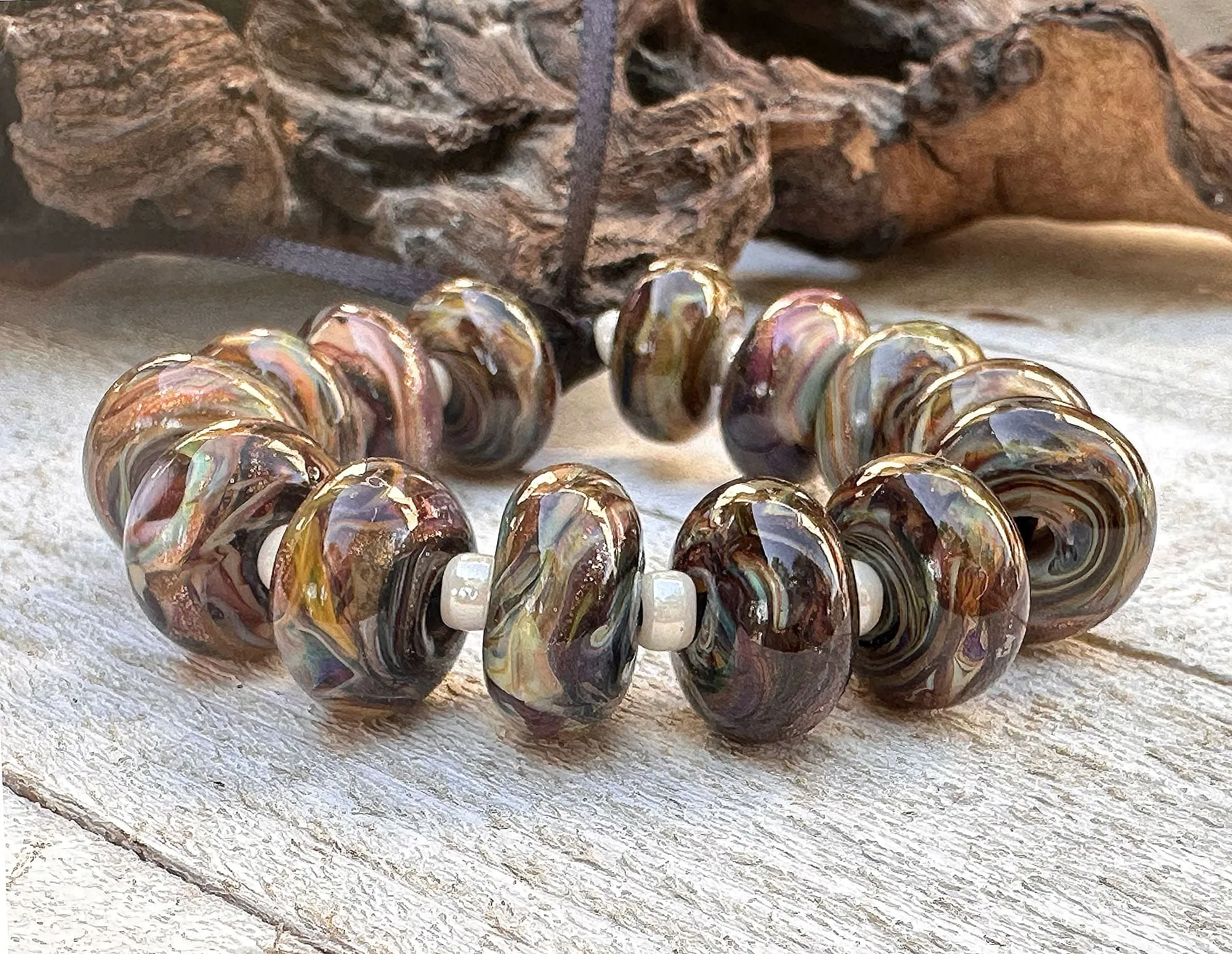 14 Multicolor Brown Swirl Lampwork Beads Set SRA