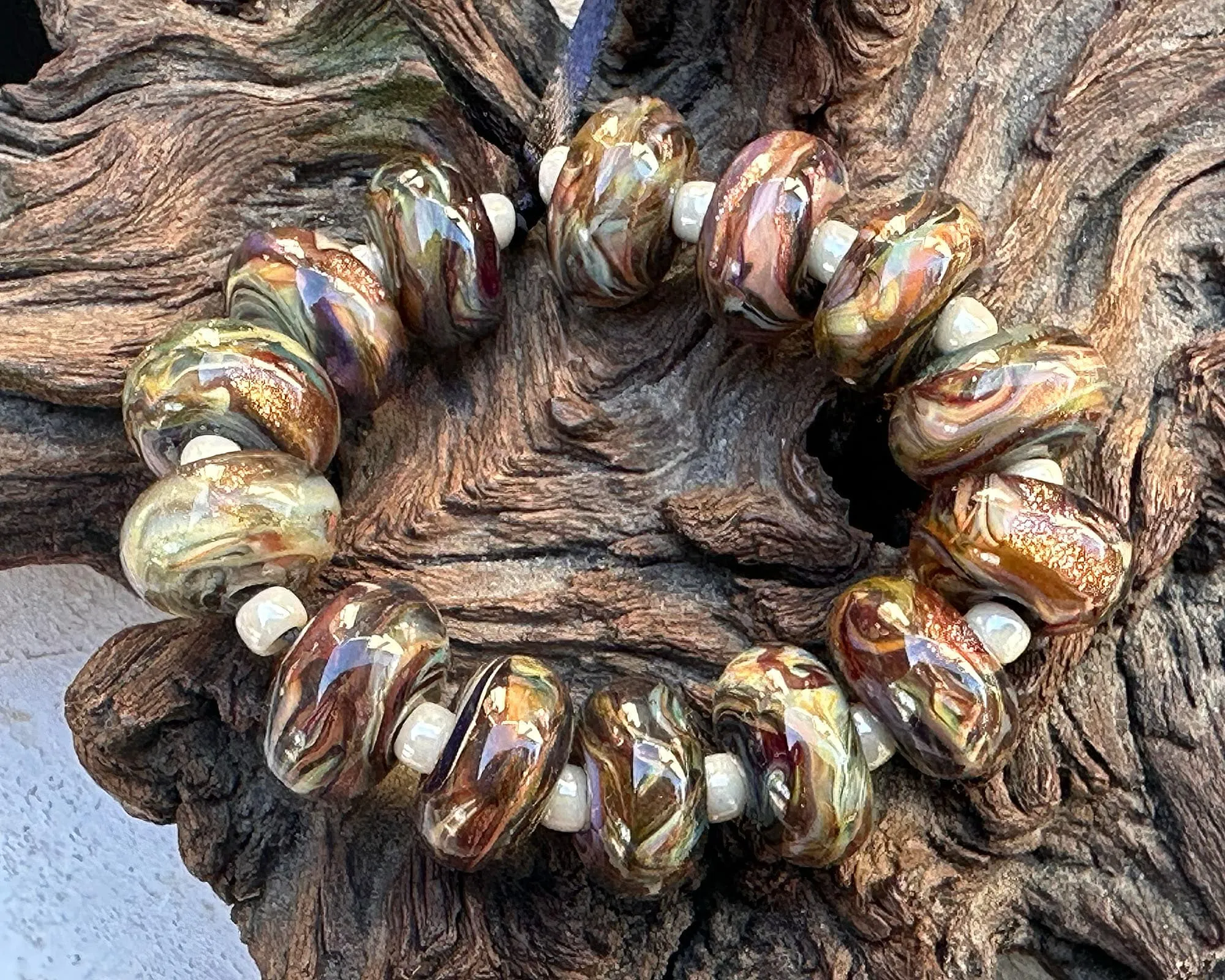 14 Multicolor Brown Swirl Lampwork Beads Set SRA