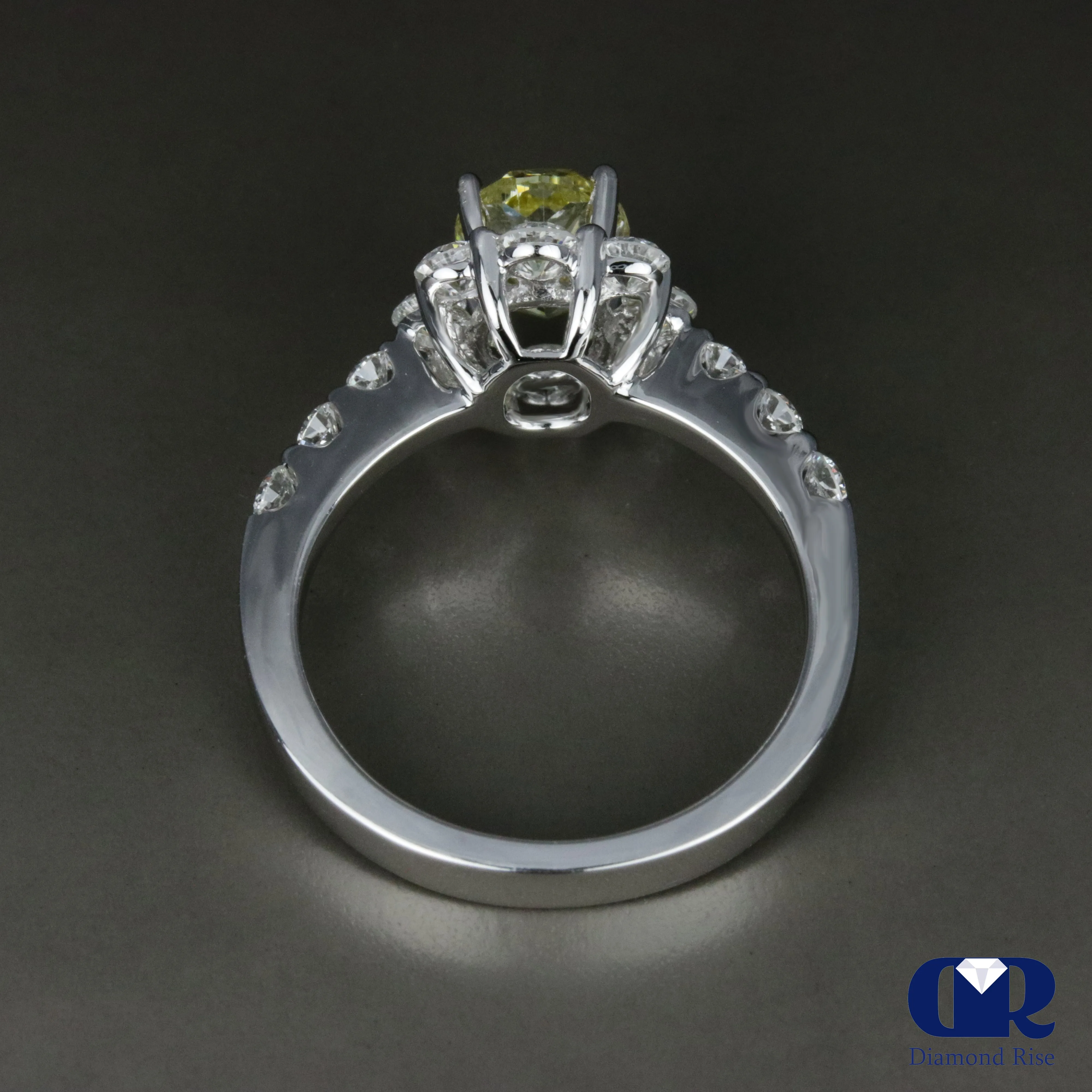 2.30 Carat Fancy Yellow Oval Diamond Halo Engagement Ring In 18K White Gold