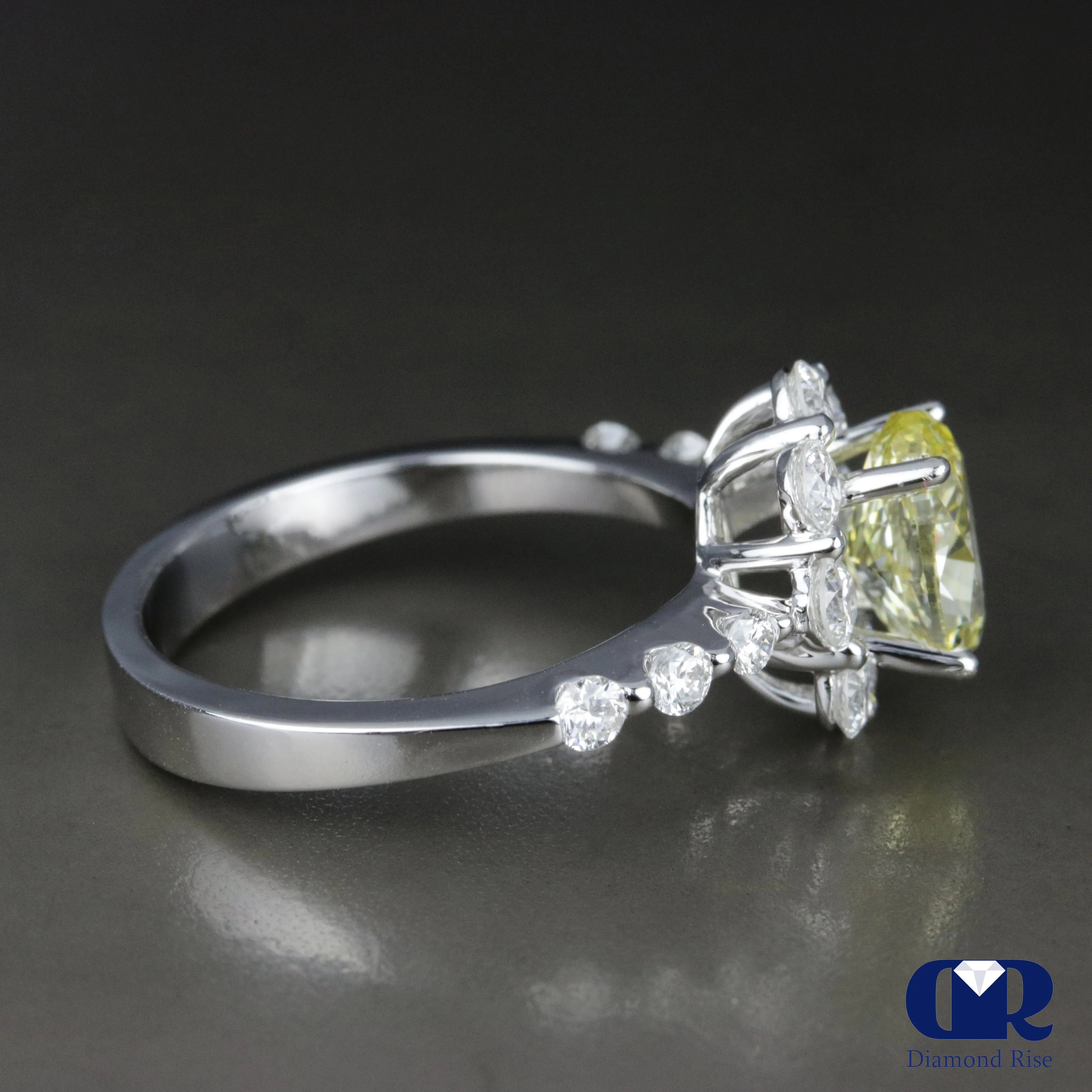 2.30 Carat Fancy Yellow Oval Diamond Halo Engagement Ring In 18K White Gold