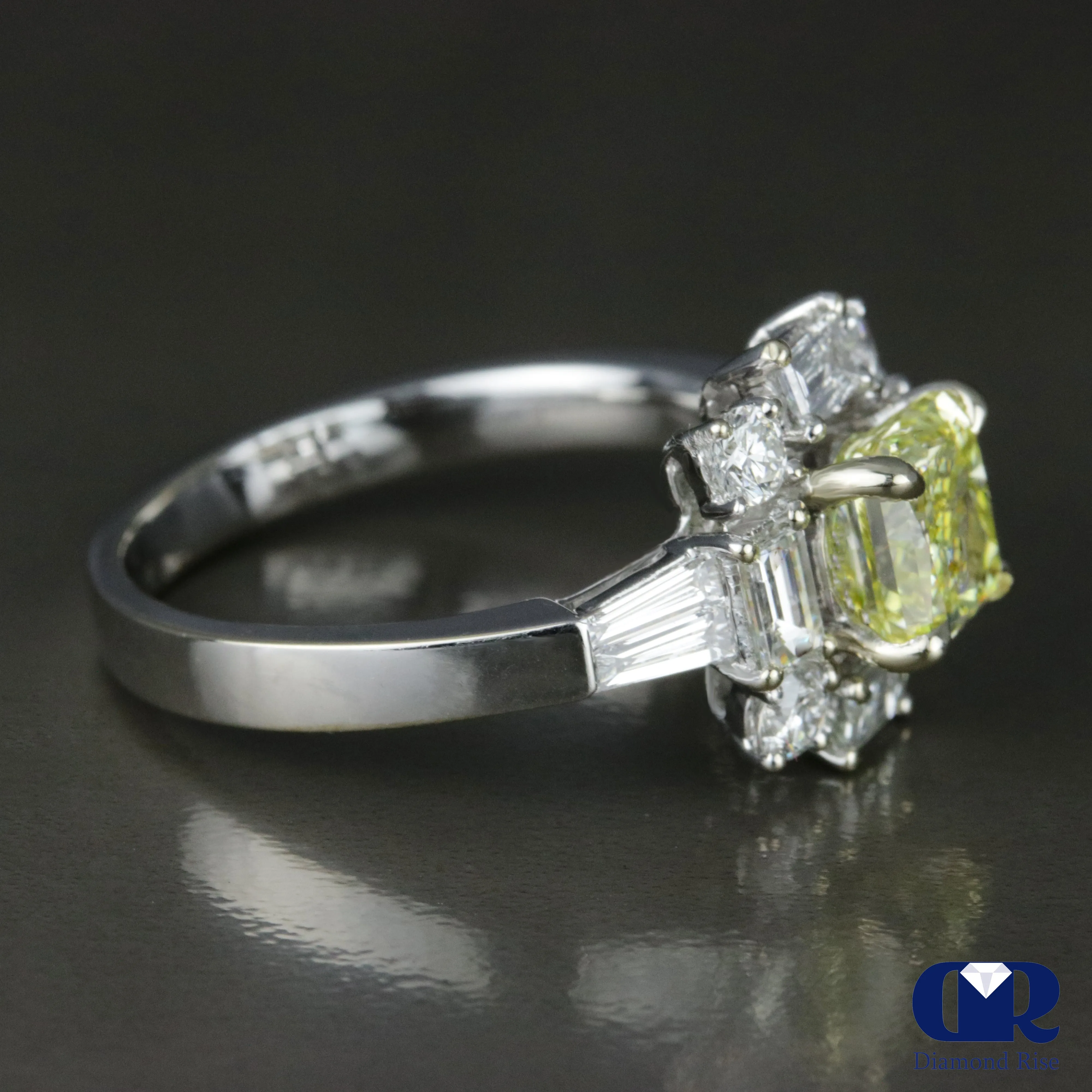 2.49 Carat Fancy Yellow Radiant Cut Engagement Ring In 18K White Gold