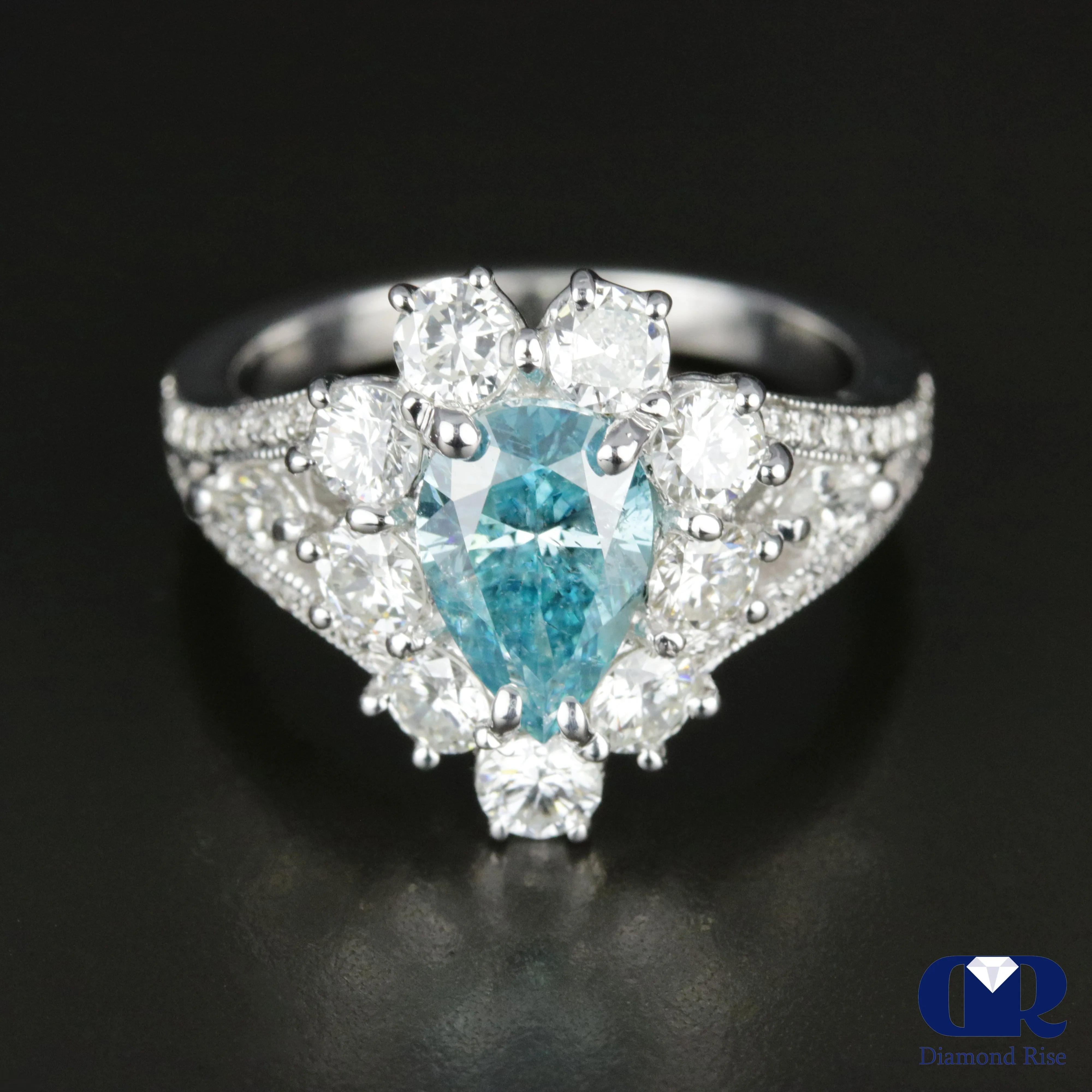 3.08 Carat Fancy Blue Pear Cut Diamond Engagement Ring In 14K White Gold