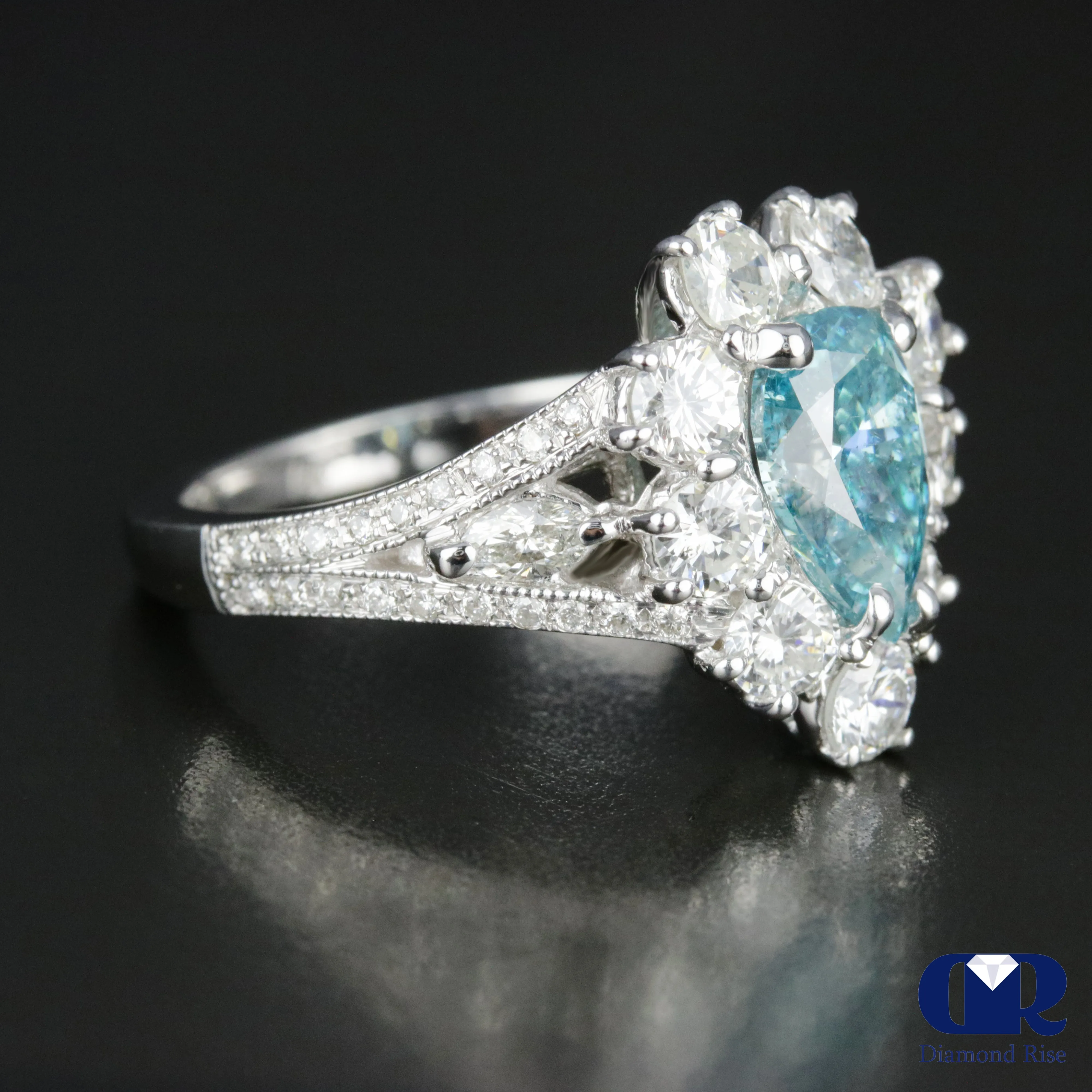 3.08 Carat Fancy Blue Pear Cut Diamond Engagement Ring In 14K White Gold