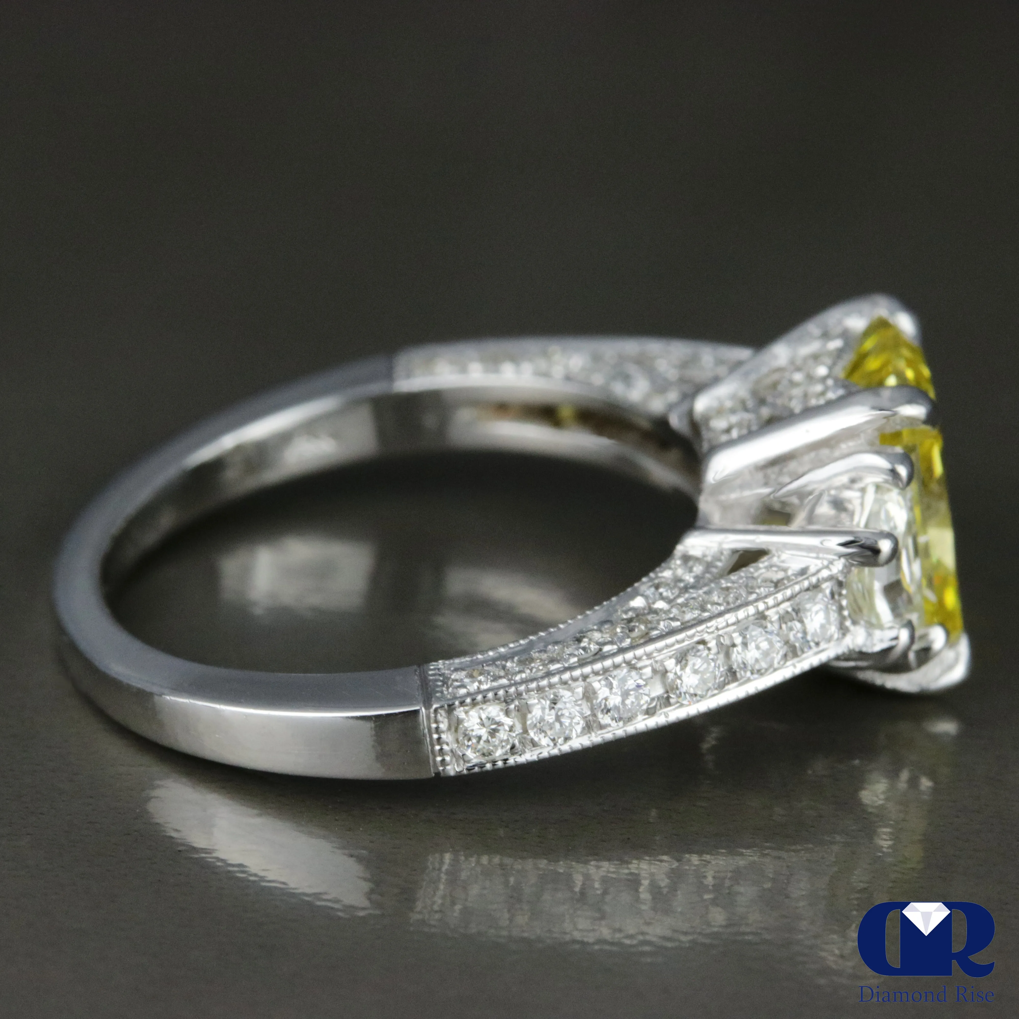 3.34 Carat Radiant Cut Fancy Yellow Diamond Engagement Ring In 14K White Gold