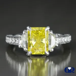 3.34 Carat Radiant Cut Fancy Yellow Diamond Engagement Ring In 14K White Gold