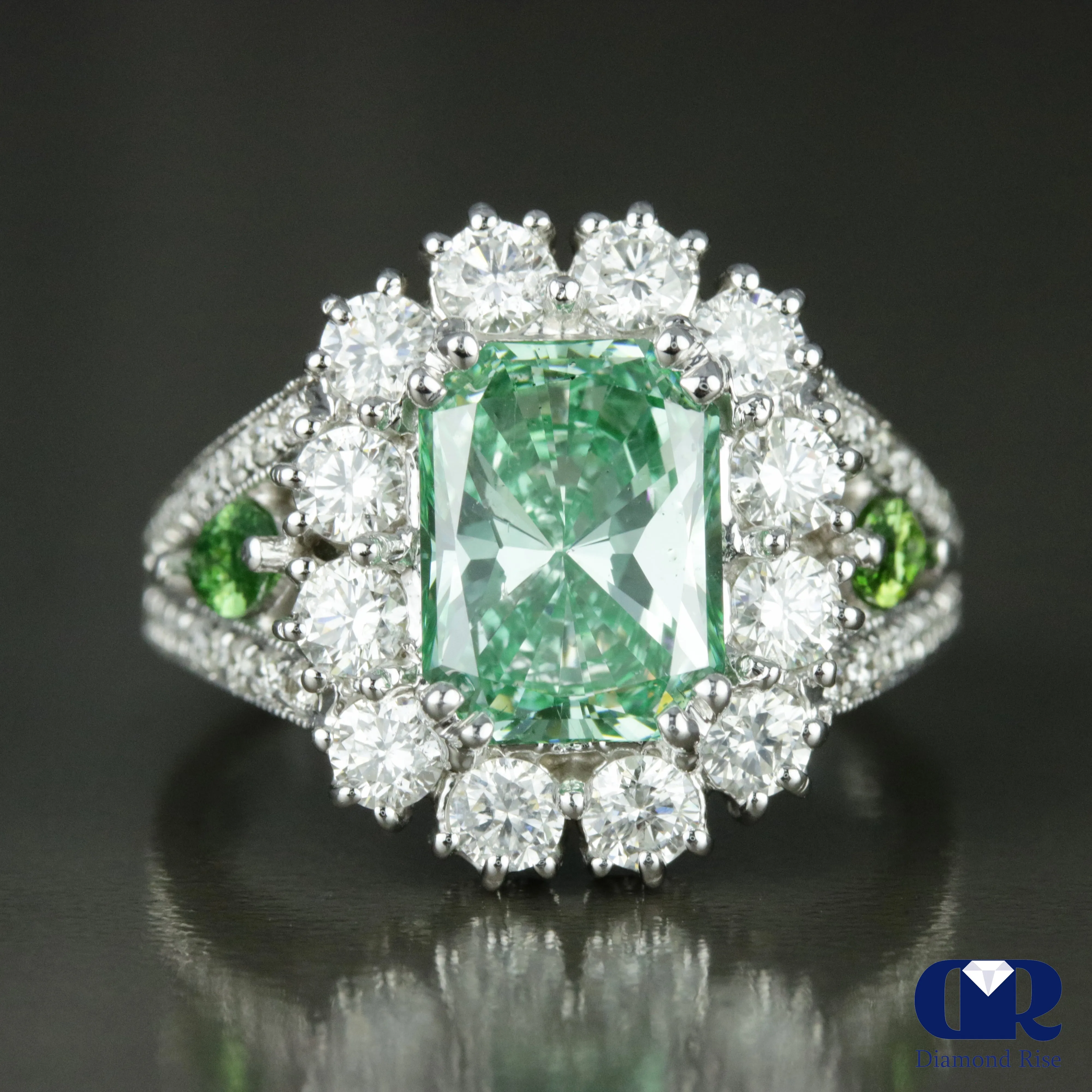 4.02 Carat Fancy Green Radiant Cut Diamond Halo Engagement Ring In 14K White Gold