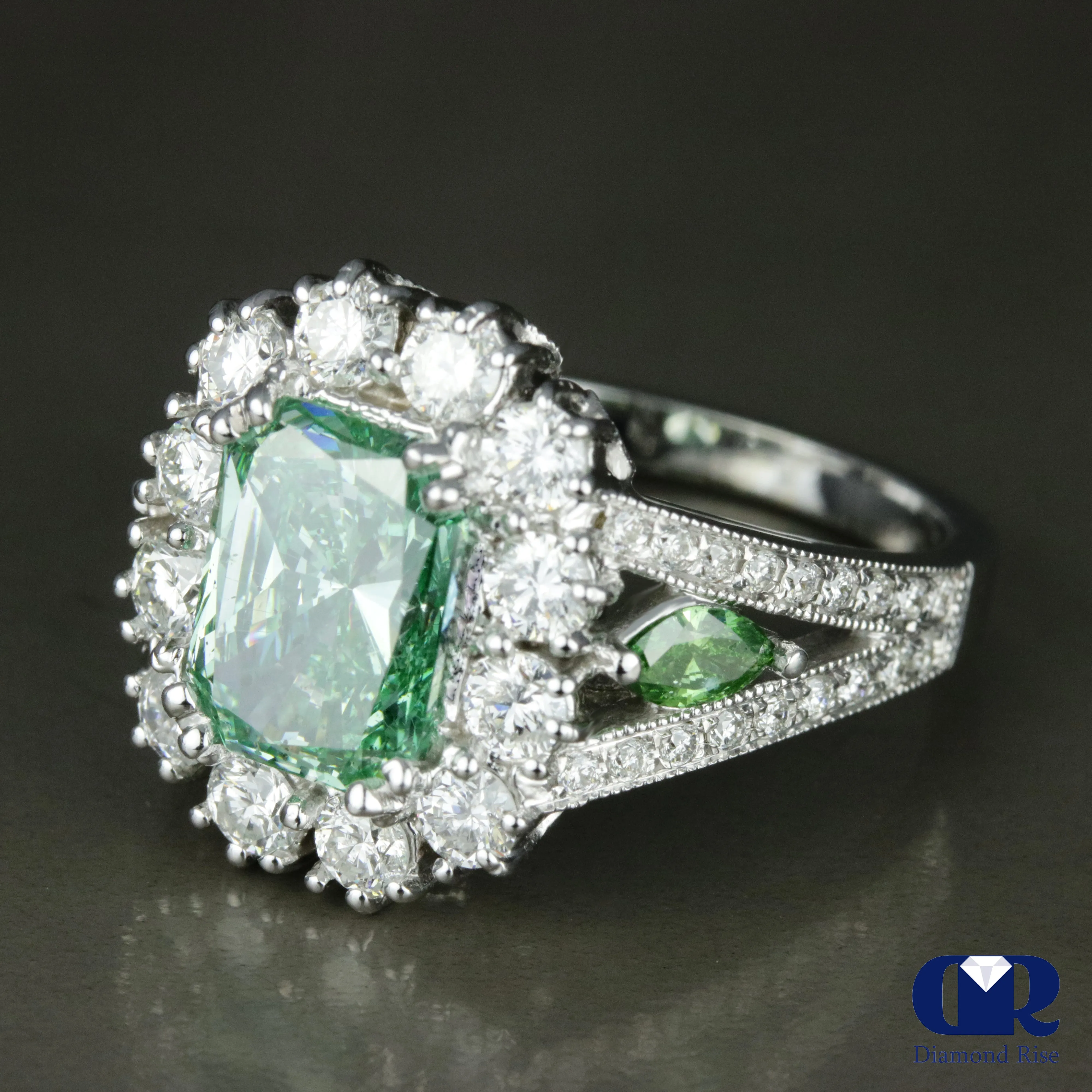 4.02 Carat Fancy Green Radiant Cut Diamond Halo Engagement Ring In 14K White Gold