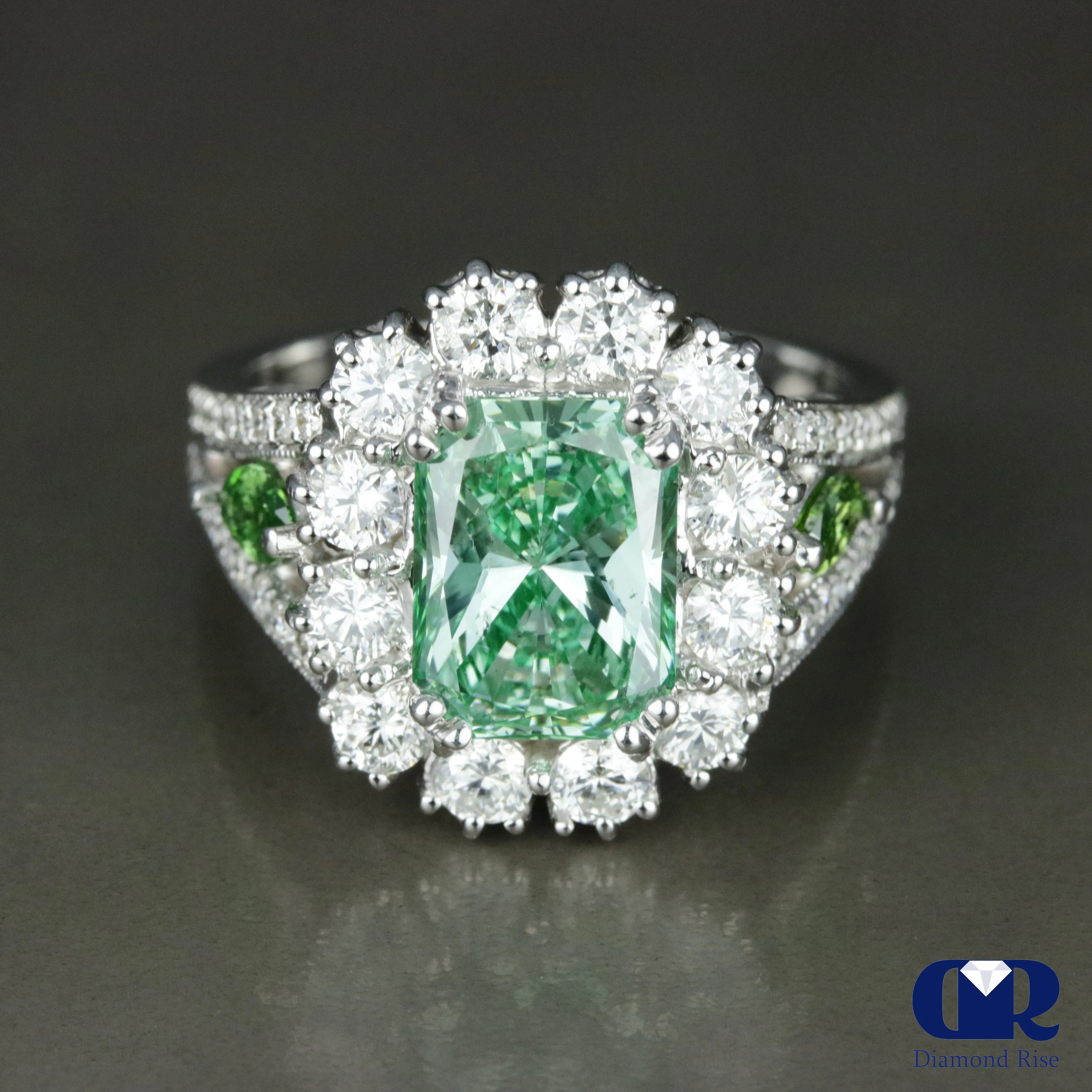 4.02 Carat Fancy Green Radiant Cut Diamond Halo Engagement Ring In 14K White Gold