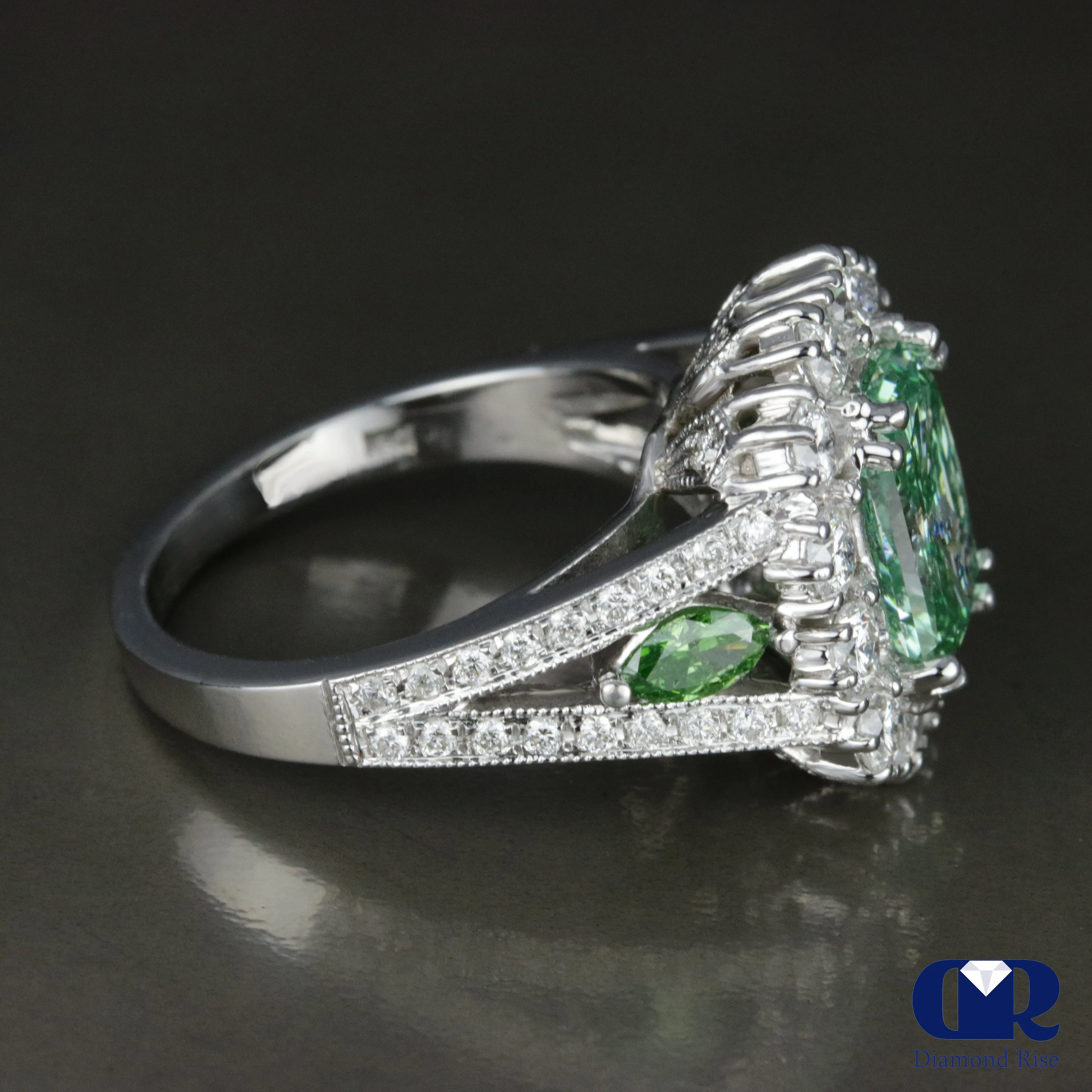 4.02 Carat Fancy Green Radiant Cut Diamond Halo Engagement Ring In 14K White Gold