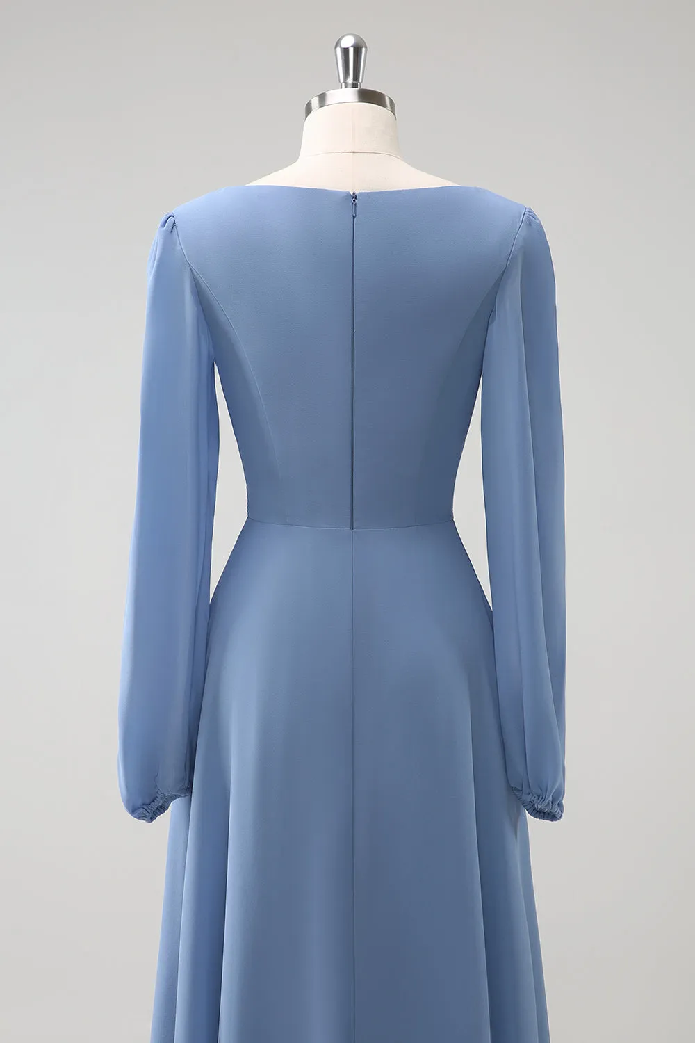 A Line Grey Blue V Neck Chiffon Bridesmaid Dress with Long Sleeves