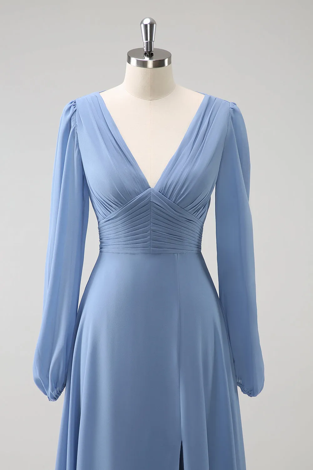 A Line Grey Blue V Neck Chiffon Bridesmaid Dress with Long Sleeves