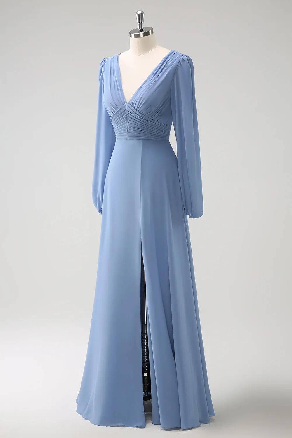 A Line Grey Blue V Neck Chiffon Bridesmaid Dress with Long Sleeves