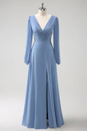 A Line Grey Blue V Neck Chiffon Bridesmaid Dress with Long Sleeves