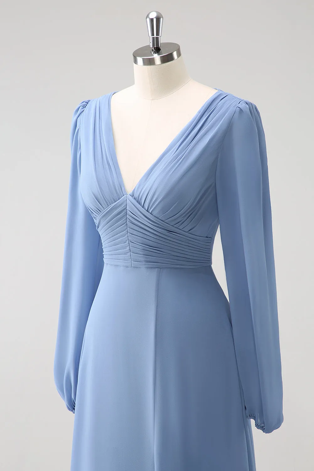 A Line Grey Blue V Neck Chiffon Bridesmaid Dress with Long Sleeves