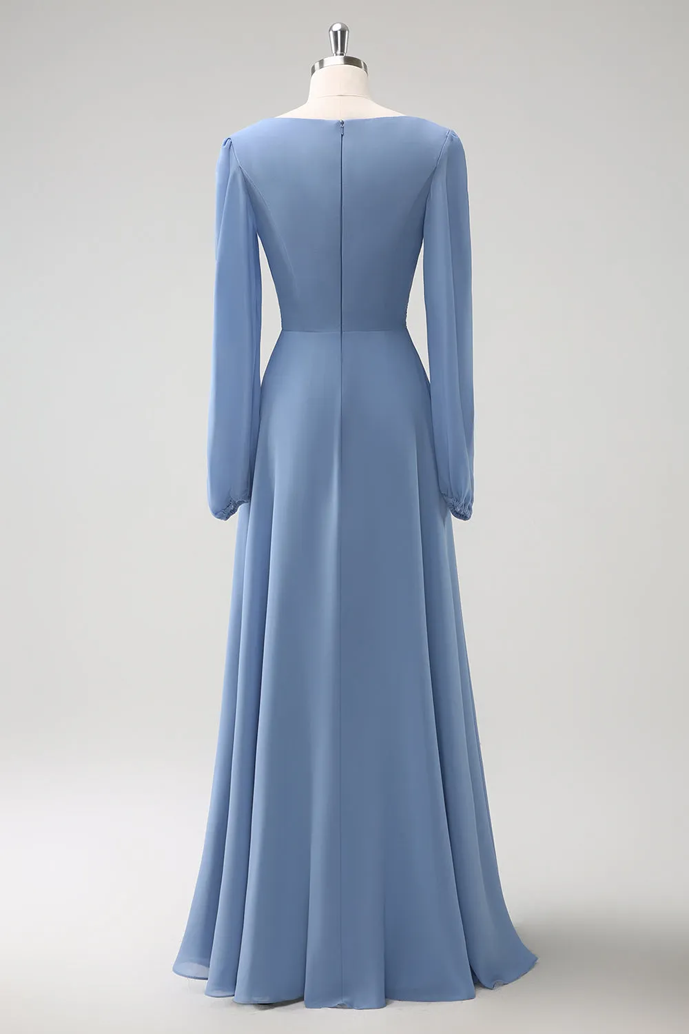 A Line Grey Blue V Neck Chiffon Bridesmaid Dress with Long Sleeves