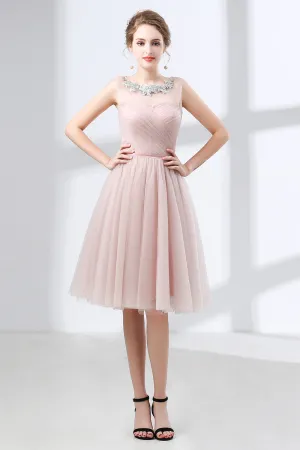 A-Line Pink Tulle Lace Pleats Knee Length Homecoming Dresses