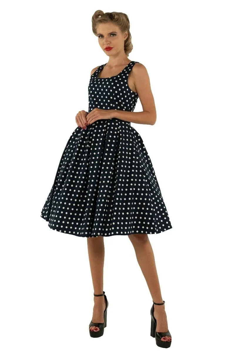 Amanda Scoop Neck Swing Dress in Navy Blue Polka Dot Print