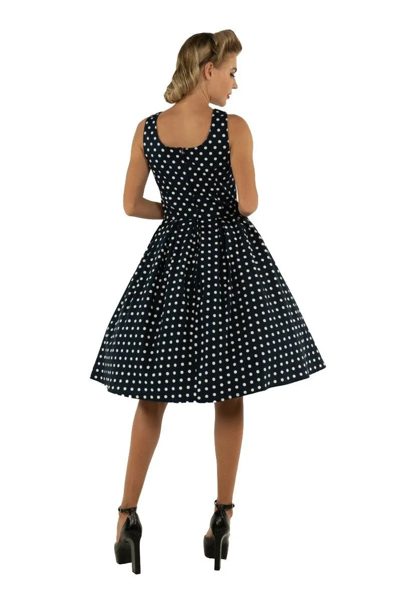 Amanda Scoop Neck Swing Dress in Navy Blue Polka Dot Print