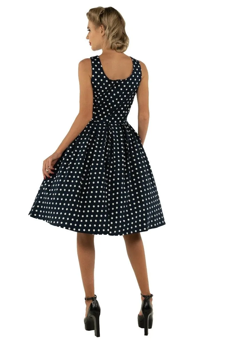 Amanda Scoop Neck Swing Dress in Navy Blue Polka Dot Print