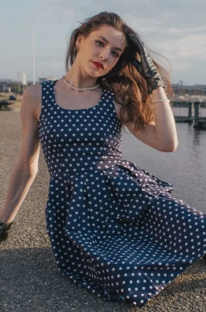 Amanda Scoop Neck Swing Dress in Navy Blue Polka Dot Print