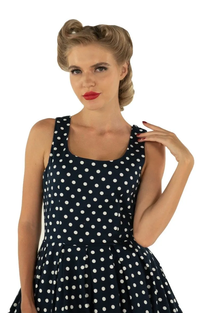 Amanda Scoop Neck Swing Dress in Navy Blue Polka Dot Print