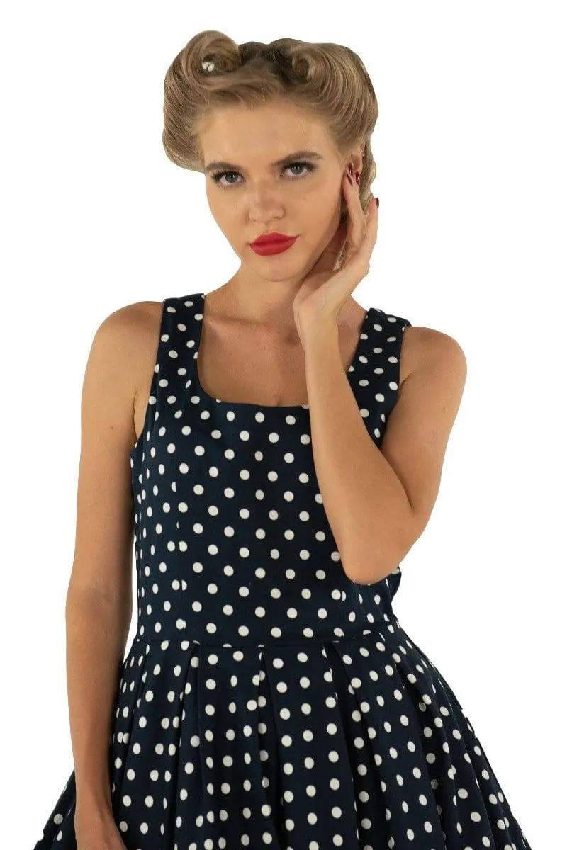 Amanda Scoop Neck Swing Dress in Navy Blue Polka Dot Print