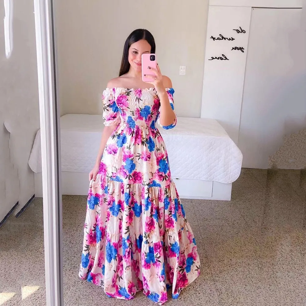 Amozae- Summer Floral Dress Women Plus Size Elegant Off Shoulder Party Dress High Quality Chiffon Ruffle A-Line Dress Casual