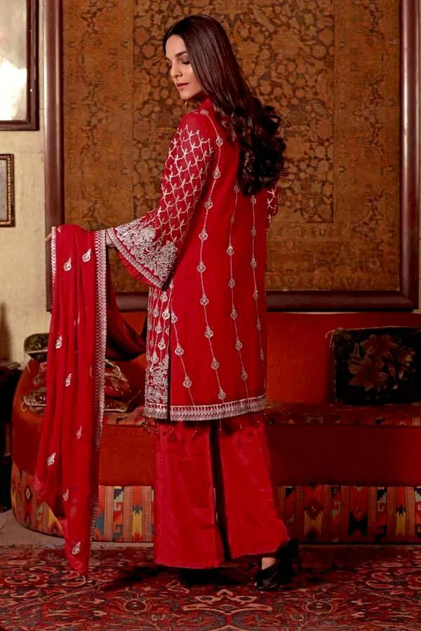 Angan by Zebaish – Luxury Embroidered Chiffon Formal Collection – Coral Berry