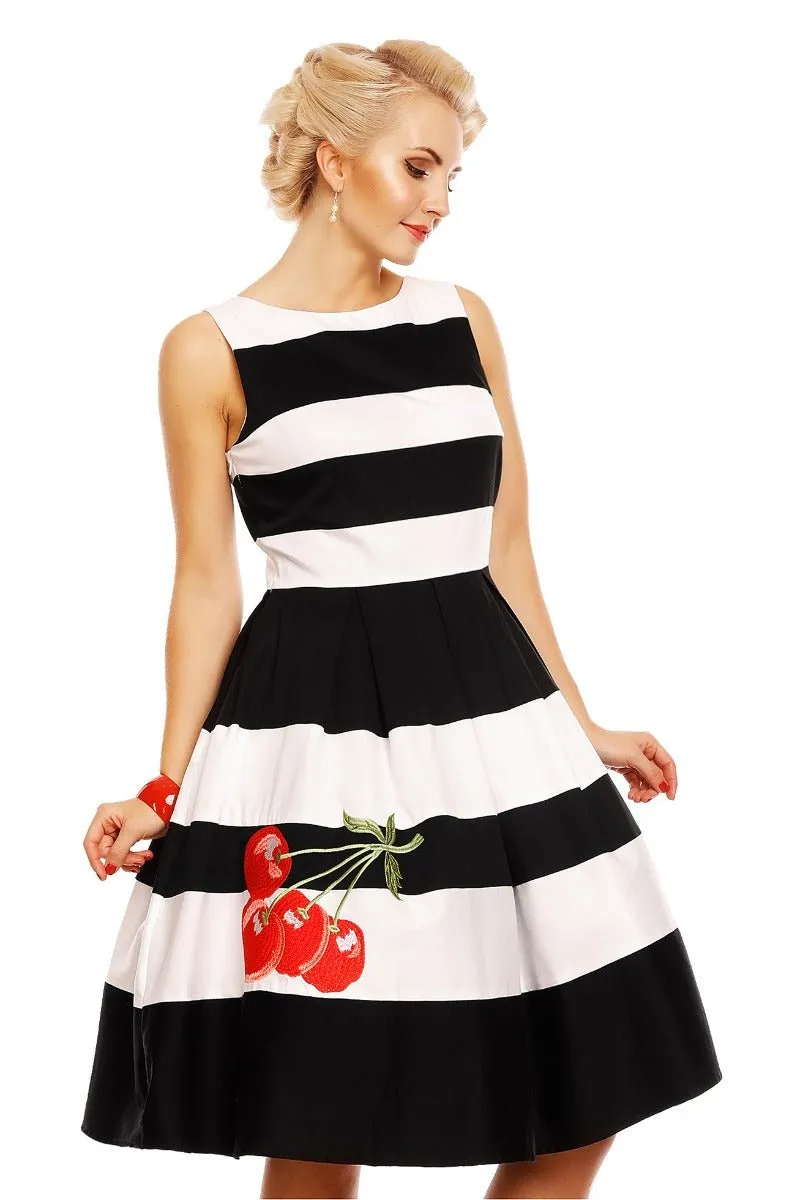 Annie Embroidered Cherry Stripe Swing Dress in Black