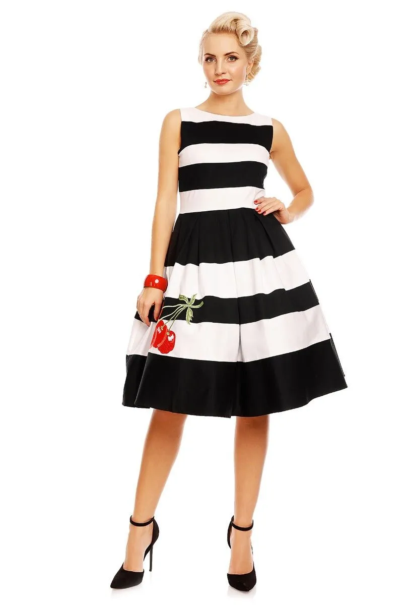 Annie Embroidered Cherry Stripe Swing Dress in Black