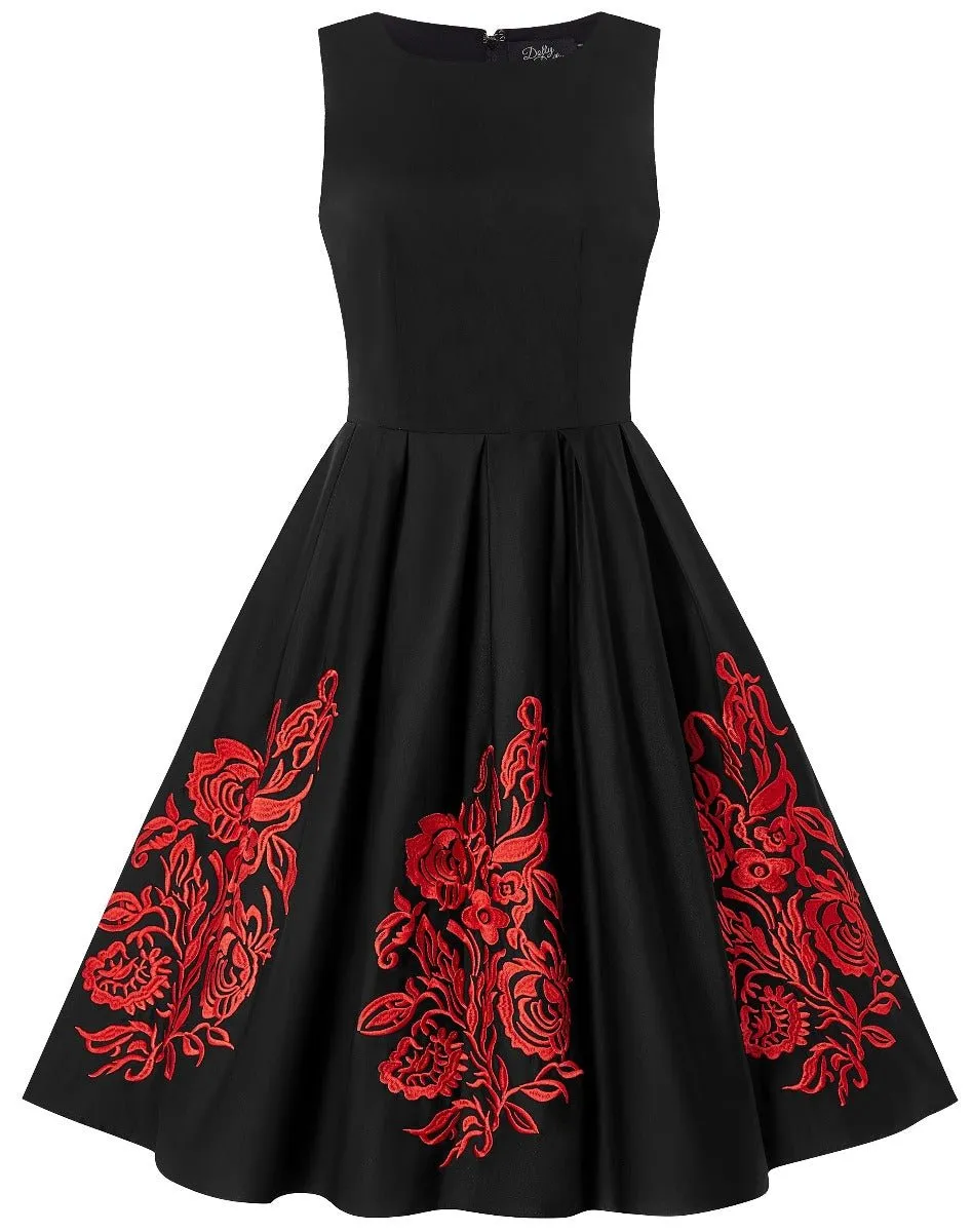 Annie Embroidered Roses Swing Dress in Black-Red