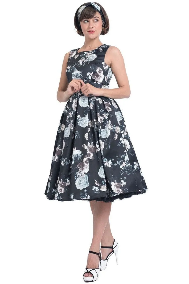 Annie Raising Floral Swing Dress in Black with White Roses