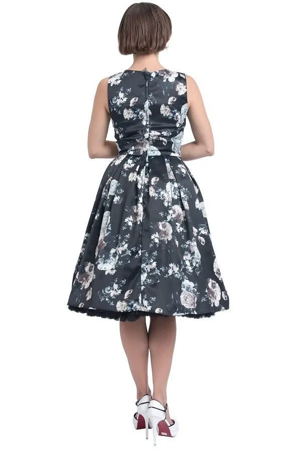 Annie Raising Floral Swing Dress in Black with White Roses