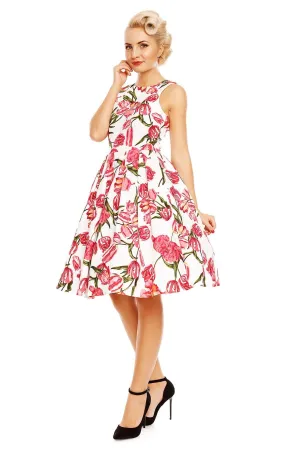 Annie Retro Tulip Floral Swing Dress in White-Pink