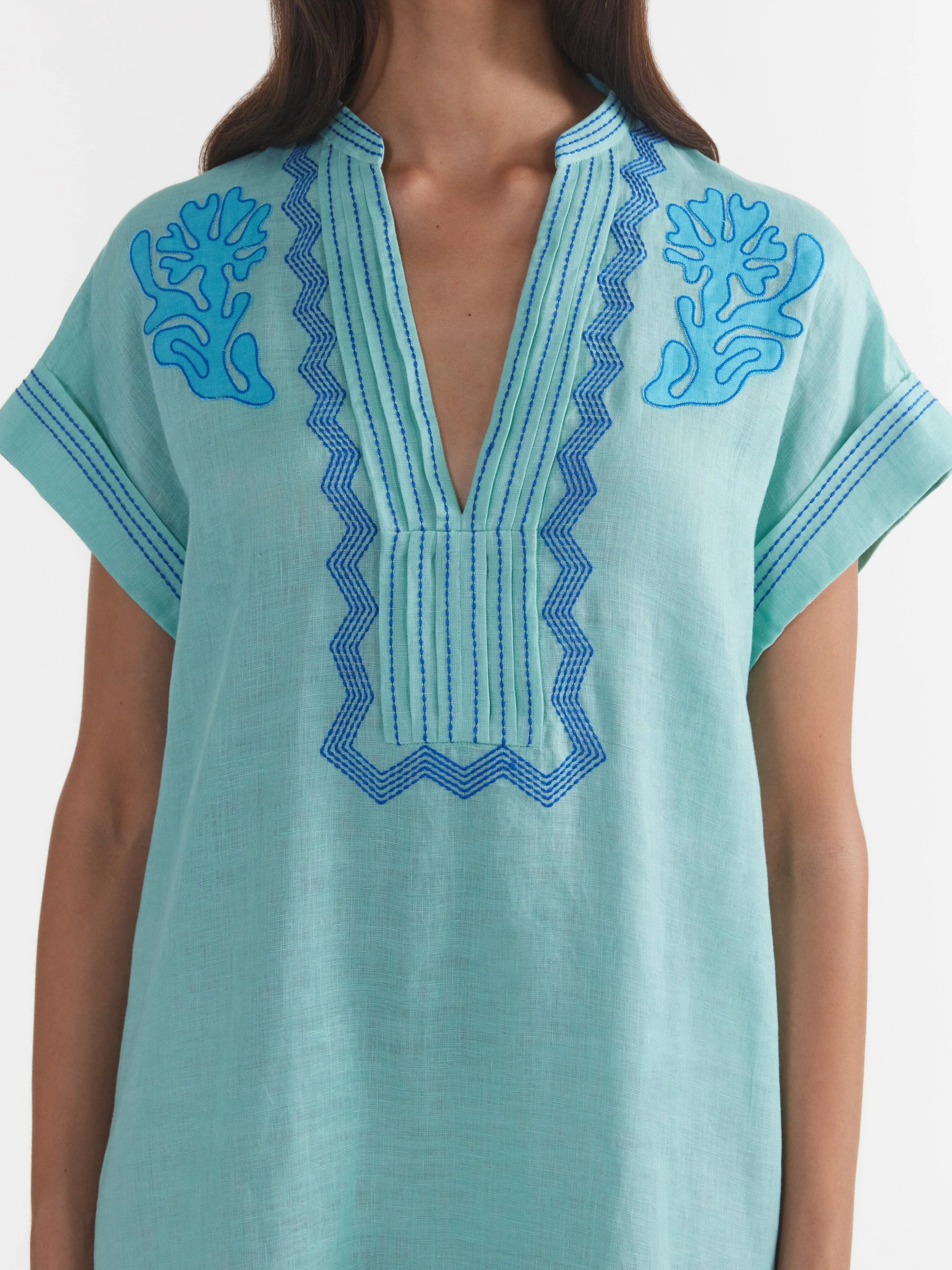 Aree Kaftan in Seafoam Embroidery