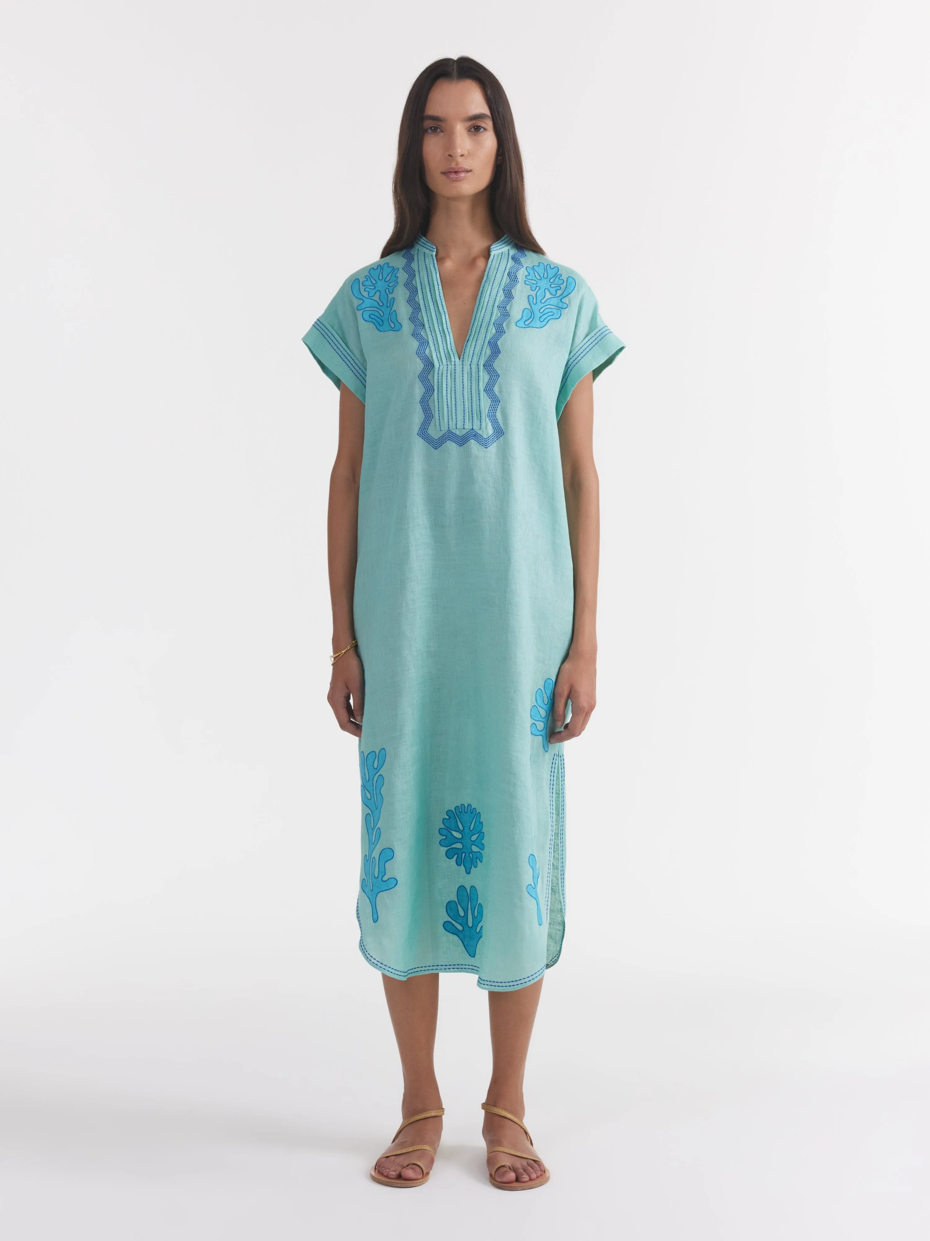 Aree Kaftan in Seafoam Embroidery