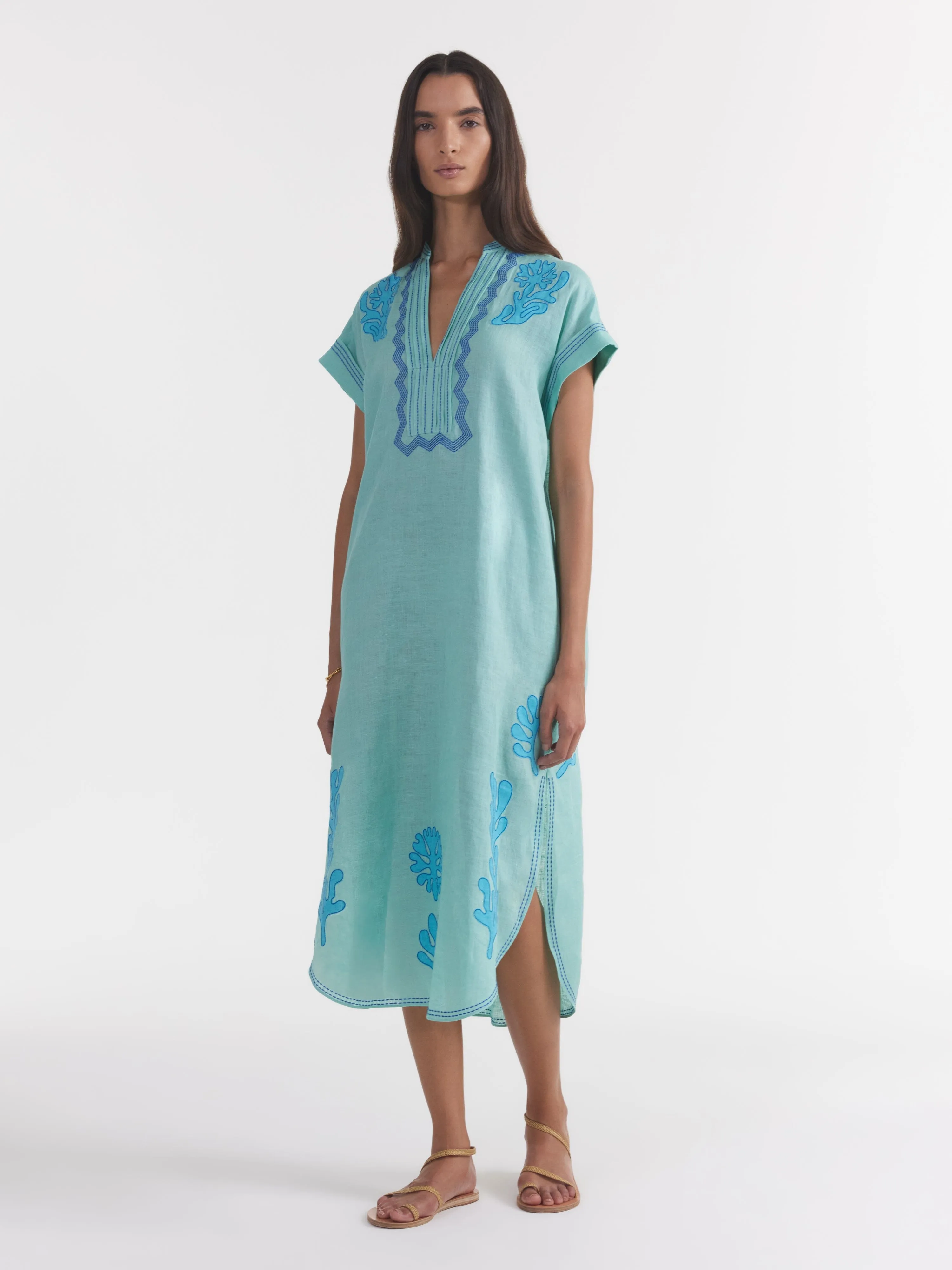 Aree Kaftan in Seafoam Embroidery