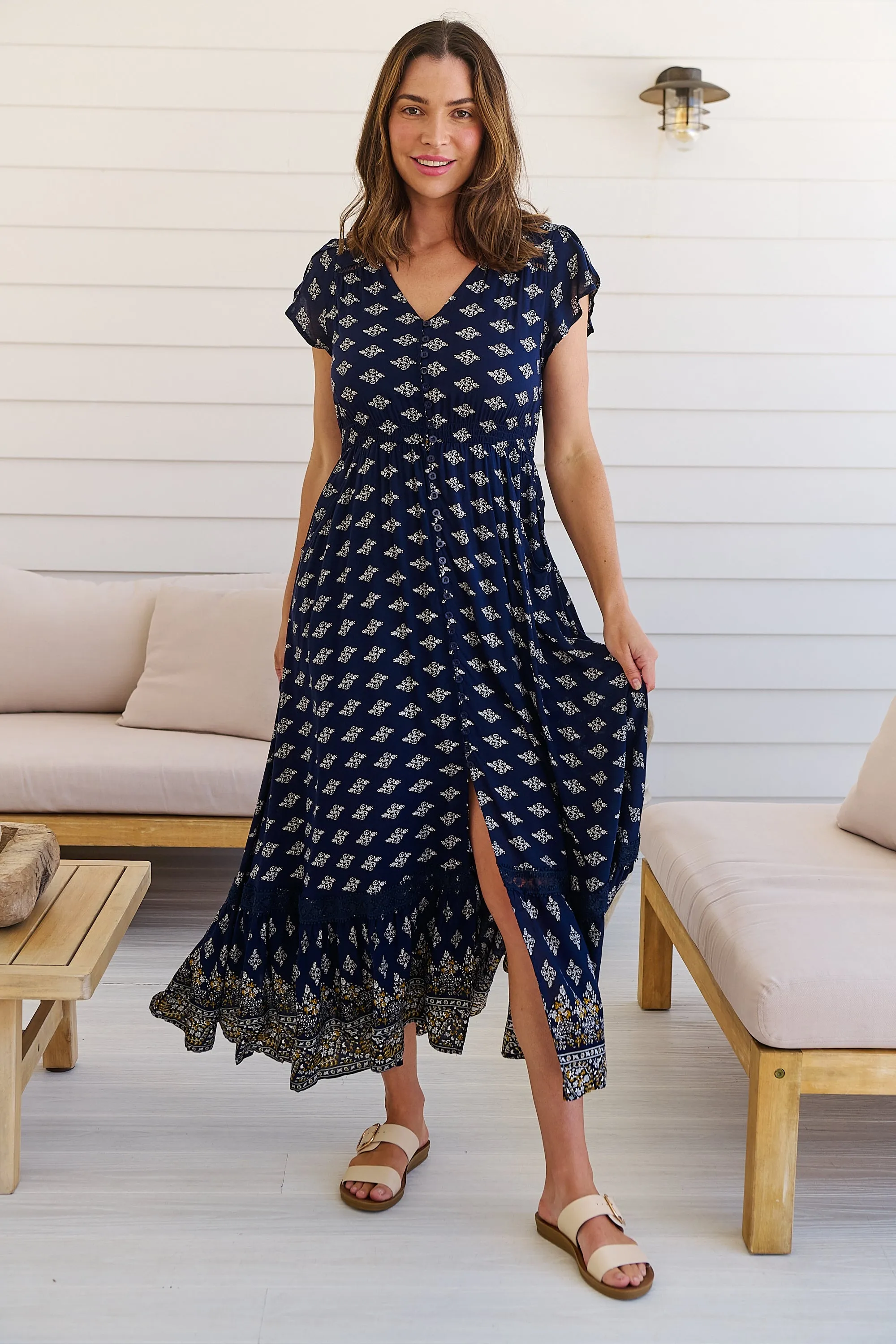 Augustina Navy/White/Mustard Floral Button Front Maxi Dress