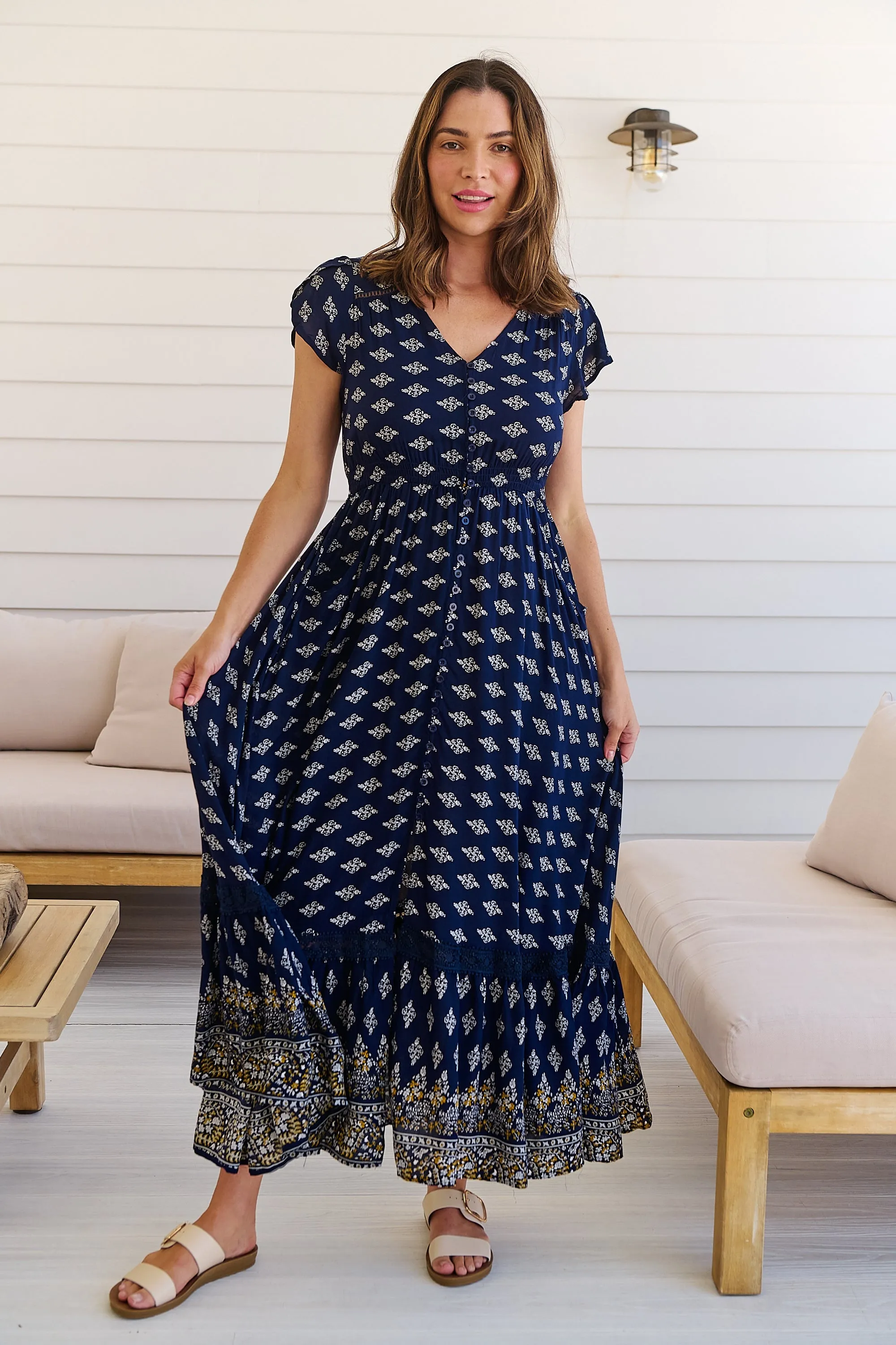 Augustina Navy/White/Mustard Floral Button Front Maxi Dress