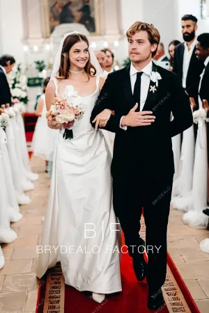 Barbara Palvin Retro Ivory Satin Square Neck Church Wedding Dress