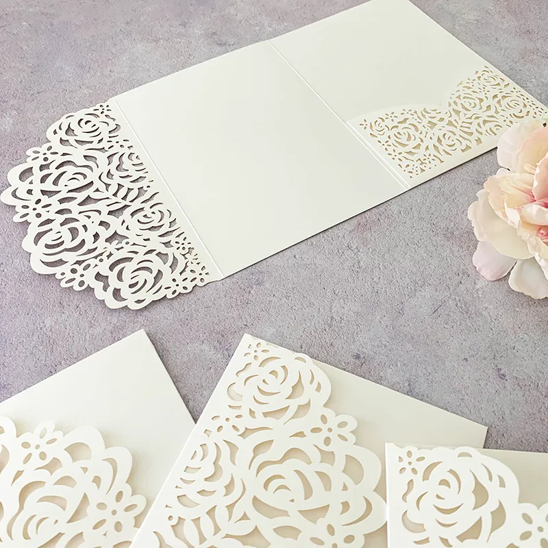 Beatrice Laser Cut Pocket Invitation in Pearlised Ivory