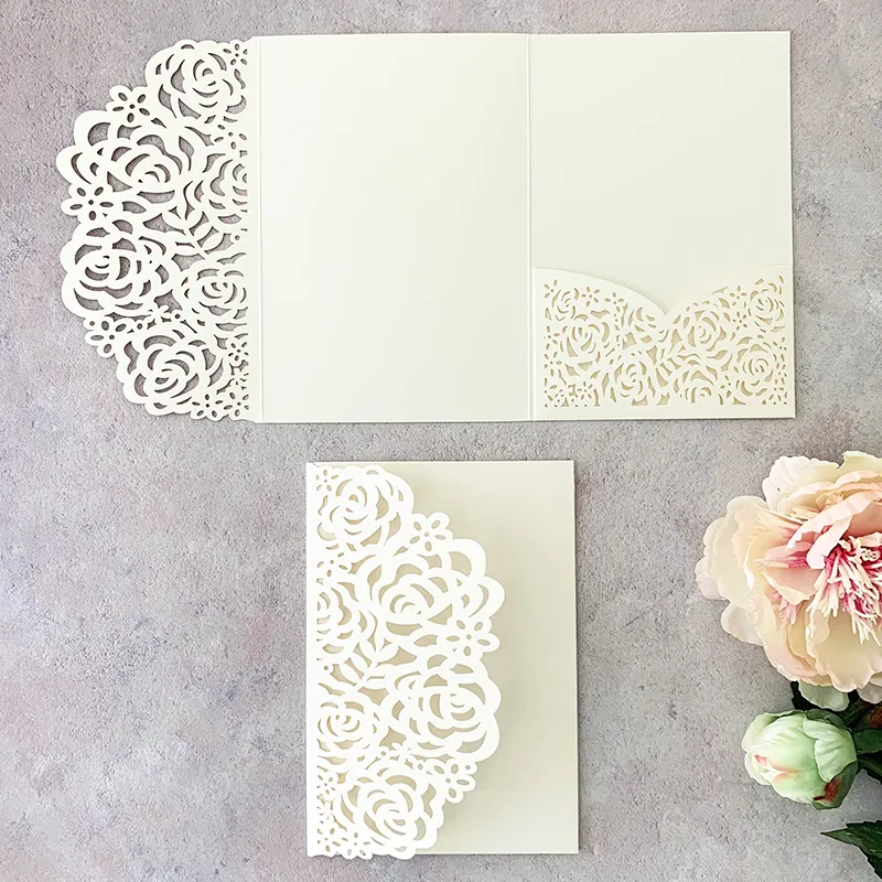 Beatrice Laser Cut Pocket Invitation in Pearlised Ivory