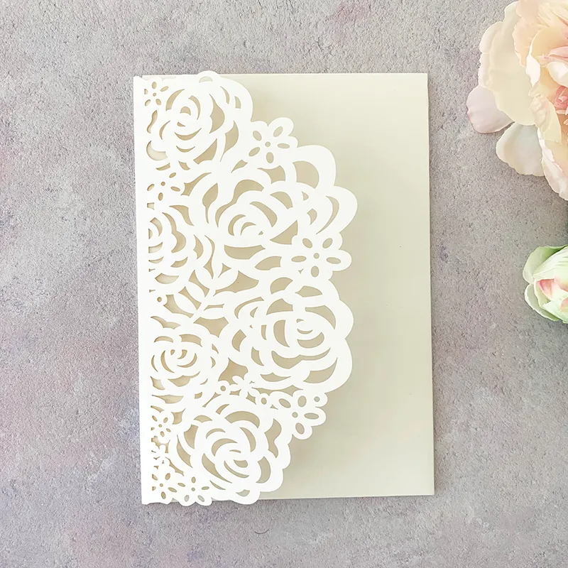 Beatrice Laser Cut Pocket Invitation in Pearlised Ivory