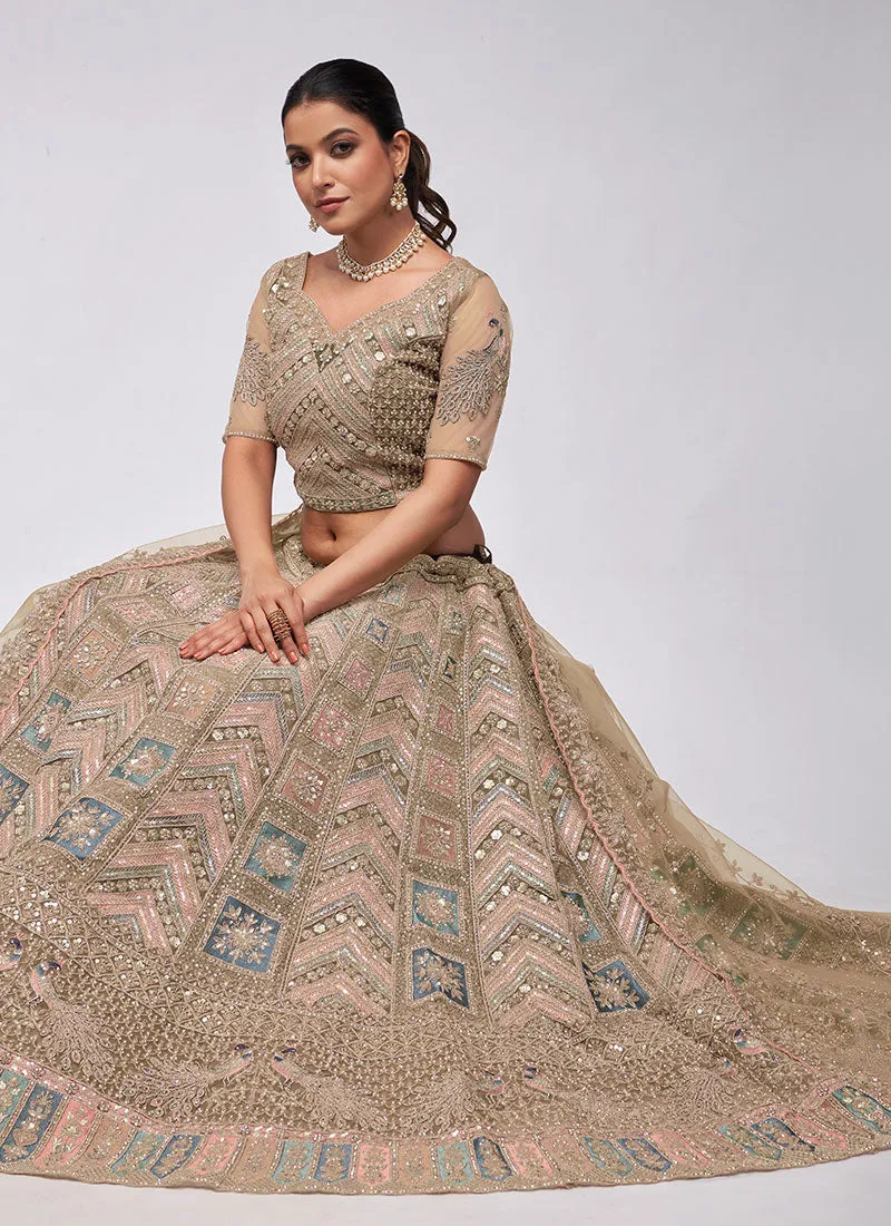 Beige Golden Multi Embroidery Lehenga Choli For Indian Wedding