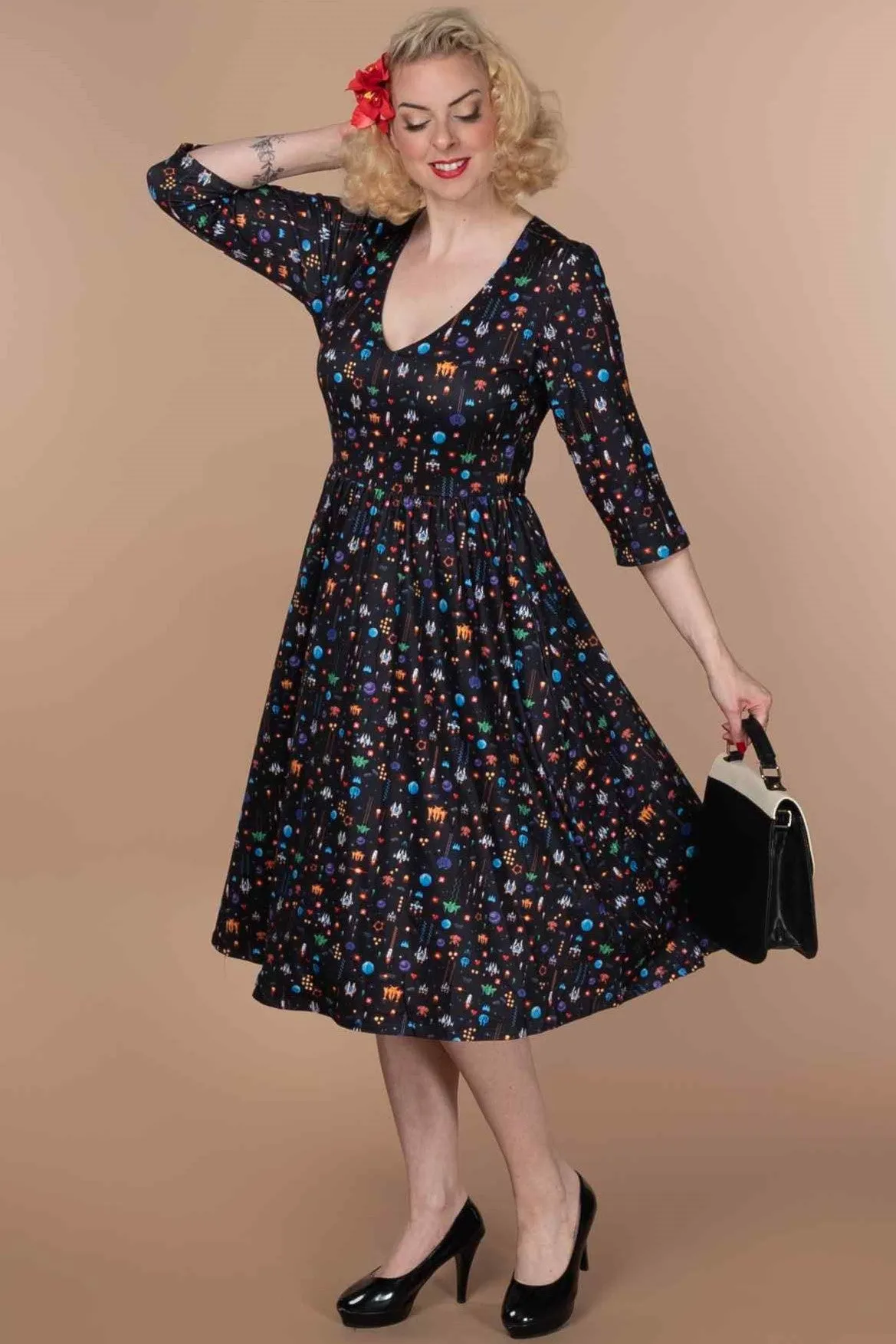 Billie Retro Game Print Dress In Black