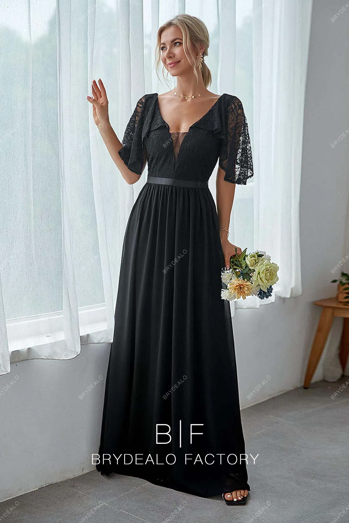 Black Lace Chiffon A-Line Long Elegant Dress