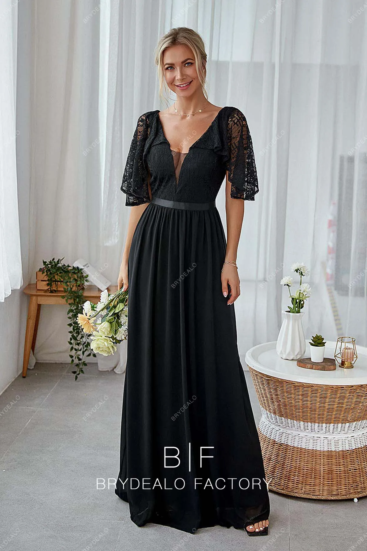 Black Lace Chiffon A-Line Long Elegant Dress