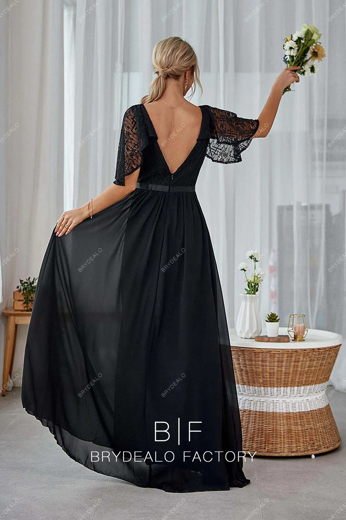 Black Lace Chiffon A-Line Long Elegant Dress