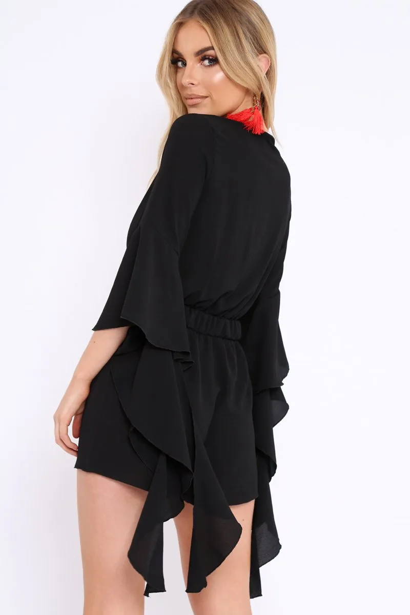 Black Wrap Front Flare Sleeve Playsuit - Emoni